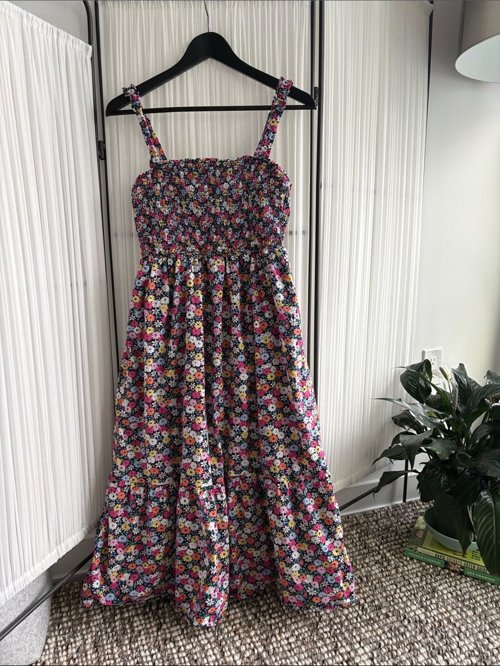 GAP Floral Smocked Midi Dress Black Cotton Tiered Sundress Small - Picture 2 of 5